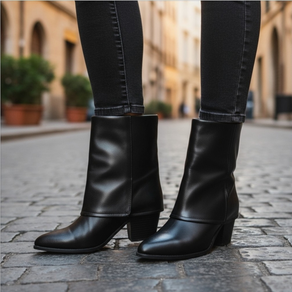 Sun + Stone Modern Statement Foldover Western Boots Booties SZ 9.5 M BLACK